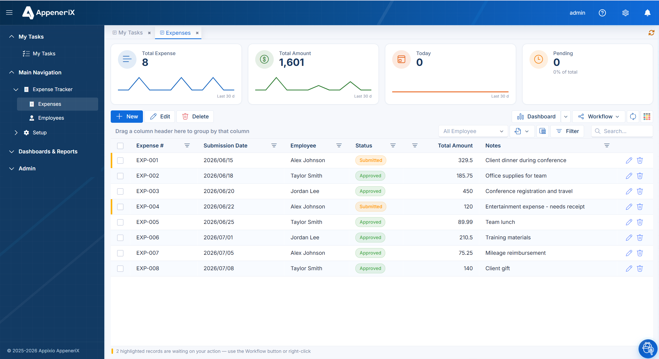 An expense grid with a status column and a Workflow menu, with the records waiting on approval highlighted