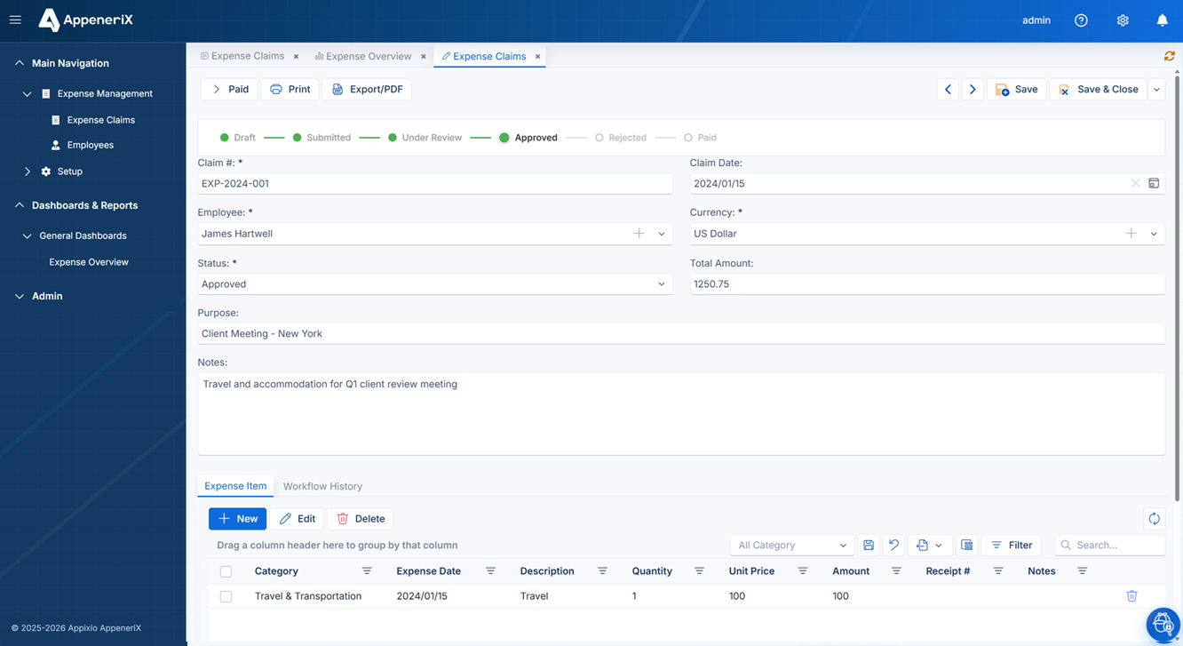 AppeneriX Expense Claims master-detail page: parent form with a workflow stepper (Draft, Submitted, Under Review, Approved, Rejected, Paid) and an embedded Expense Item child grid