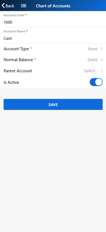 A Chart of Accounts detail form open for editing on a mobile screen
