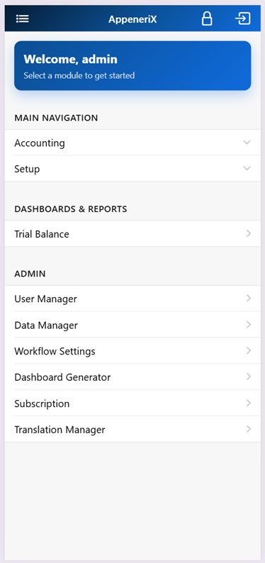 AppeneriX mobile navigation drawer listing main navigation sections
