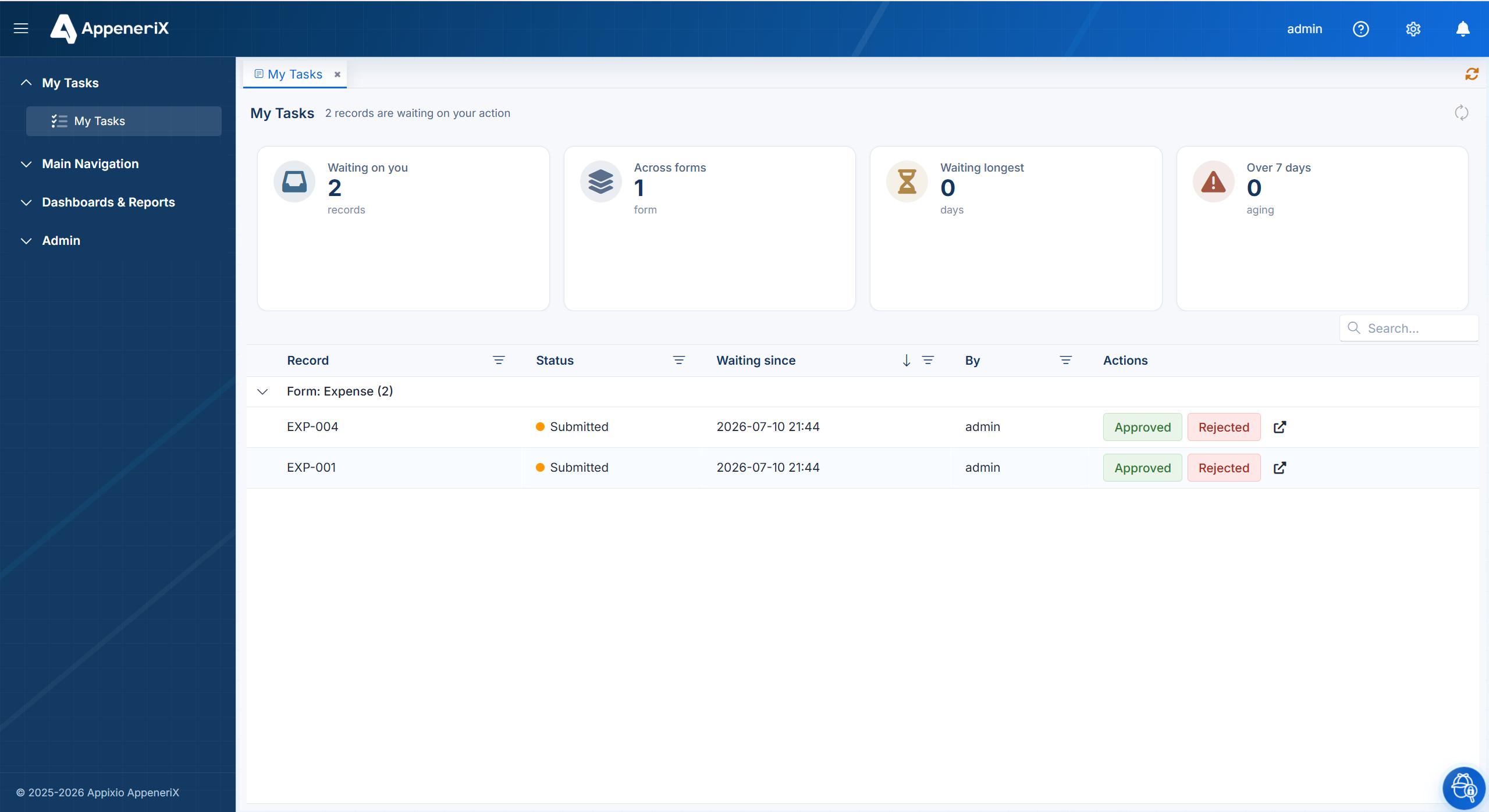 The My Tasks screen showing records waiting on the current user's action, grouped by form
